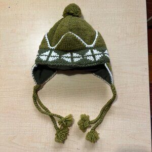Unisex green white wool fleece knit earflap pom beanie sherpa winter hat